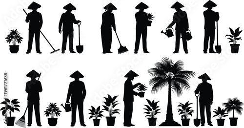 gardener, silhouette, plants, gardening, tools, watering, planting, nature, outdoor, agriculture, farmer, work, lifestyle, care, green, tropical, tree, maintenance, isolated, collection