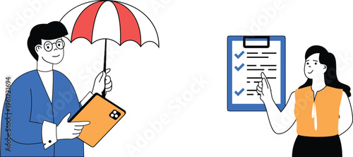 Two professionals discussing while one holds an umbrella and tablet, the other points at checklist