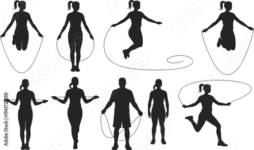jump rope, skipping, silhouettes, fitness, exercise, cardio, workout, training, sport, activity, healthy, lifestyle, athlete, movement, endurance, black, isolated, set, collection, vector