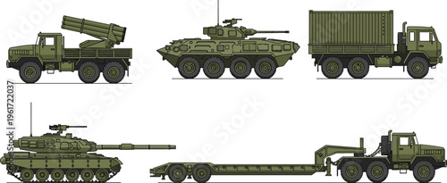 military, armored, vehicles, set, vector, illustration, army, transport, tank, missile, launcher, truck, logistics, convoy, defense, equipment, battlefield, transport, heavy, machinery