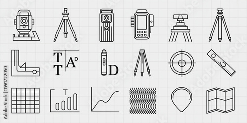 Collection of linear icons representing professional land surveying and geodetic measurement tools Vector