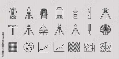 A comprehensive set of linear icons representing professional land surveying and mapping equipment Vector