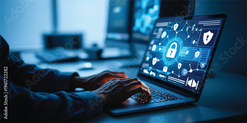 Close-up on laptop screen showing digital security locks and network data, hands typing to protect information and ensure online safety in a dark office setting
