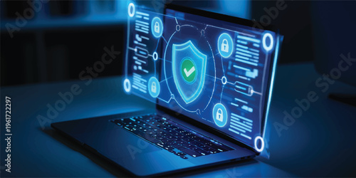 Futuristic digital security shield with icons and network connections on a laptop screen, glowing with blue light, data protection