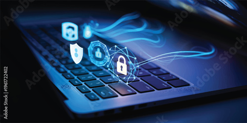 Abstract digital security concept with glowing shield and lock icons floating over a laptop keyboard in dark blue hues with data protection
