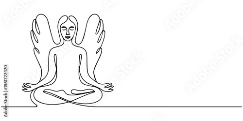 Woman silhouette in lotus yoga meditation pose with hand print symbol on white background vector illustration