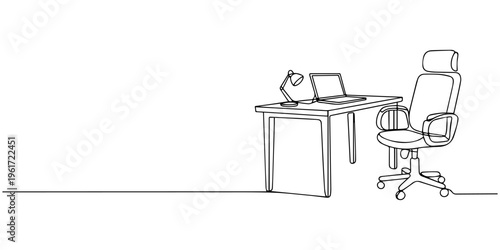 Vector illustration of a chair and table desk setup in an office room interior with computer and laptop for work or study