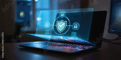 Holographic digital security shield and network icons projected from a laptop screen, signifying online protection and cybersecurity, data protection