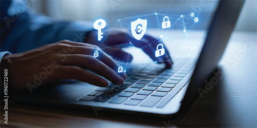 Hands typing on a laptop with glowing digital security icons, including shields, locks, and keys, representing secure online activity, data protection