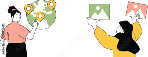 Two people sharing travel photos and locations on digital devices in a collaborative manner