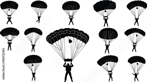 parachute, skydiver, silhouettes, airborne, landing, descent, military, paratrooper, jump, flight, canopy, sky, extreme, action, adventure, black, isolated, set, collection, vector