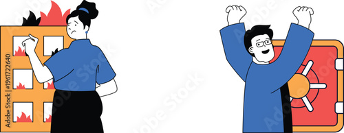 Man celebrating while woman looks disappointed at burning stock chart graphs on a computer screen