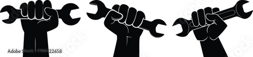 hand holding wrench silhouette set repair tool vector icon construction worker symbol .