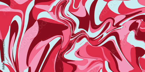 Abstract pink and red fluid swirl pattern with light blue accents, dynamic flowing waves digital art fluid acrylic paint texture with liquid marble wavy shapes for modern graphic design background. 