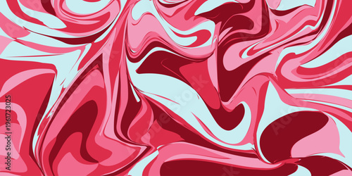 Abstract pink and red fluid swirl pattern with light blue accents, dynamic flowing waves digital art fluid acrylic paint texture with liquid marble wavy shapes for modern graphic design background. 