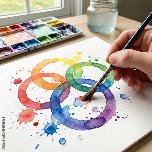 An artist’s hand using a thin brush to paint a set of bright rainbow watercolor circles
