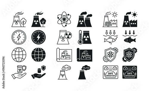 A set of vector icons for nuclear energy, atomic power, and environmental safety. Ideal for infographics about technology, power generation, pollution, and sustainable solutions.