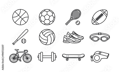 A set of sports equipment and fitness line icons. Minimalist vector symbols for an active lifestyle, perfect for websites, apps, and infographics. Includes various balls and gear.