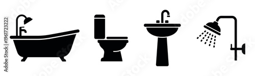 A set of black vector icons for bathroom furniture and plumbing. Includes bathtub, toilet, sink, and shower. Simple silhouettes for graphic design, web, and infographics.