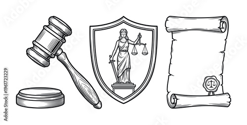 A classic set of law and justice symbols. Includes a gavel, a shield with Themis, and a scroll. Black and white vector illustration in a vintage engraving style for legal concepts.