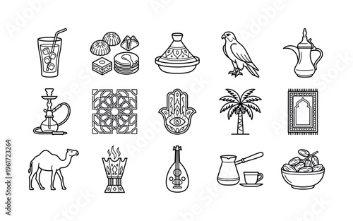 A collection of Arabic culture icons for Ramadan and travel design. This set features traditional symbols like camel, dates, hookah, and Islamic art. Perfect for web and print.