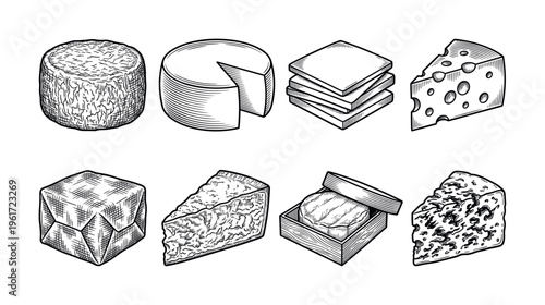 A vintage set of cheese illustrations in a hand-drawn engraving style. Includes various types like swiss, brie, and blue cheese. Perfect for menus, packaging, and logos.