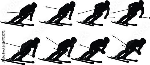skiing, silhouette, skier, winter, sport, downhill, motion, action, alpine, speed, athlete, snow, extreme, recreation, dynamic, vector, illustration, activity, outdoor, performance