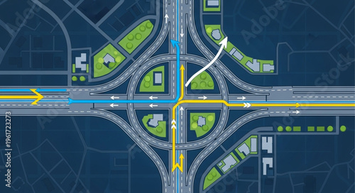 Aerial View of Complex Highway Interchange with Traffic Flow.