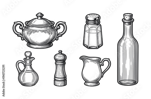 A set of vintage kitchenware illustrations in an engraving style. Includes sugar bowl, salt, pepper, oil, and creamer. Perfect for classic menus, food branding, or packaging.