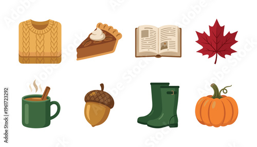 A cozy autumn vector icon set. Includes sweater, pie, book, pumpkin, and other fall season essentials. Perfect for seasonal design, Thanksgiving graphics, and web illustrations.