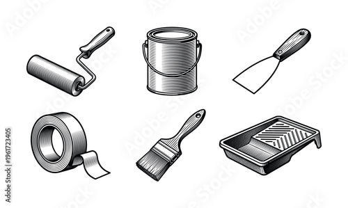 A set of house painting tools in a retro, engraved illustration style. Includes roller, brush, paint, tape, tray, and scraper for DIY home improvement or repair projects.