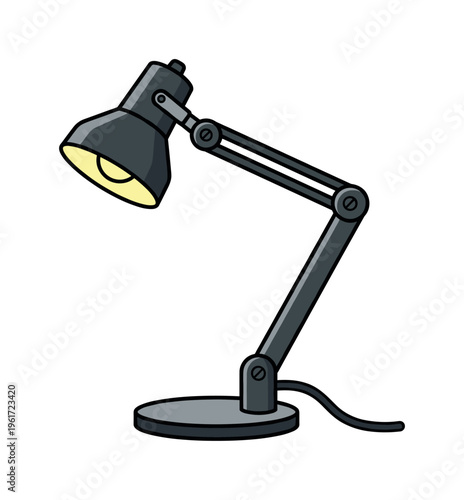 Vector illustration of an adjustable black office desk lamp. Classic design for concepts like work, study, creativity, and bright ideas. A simple, modern cartoon icon.