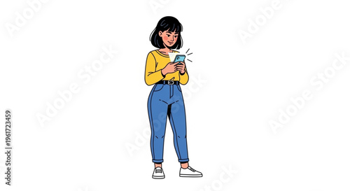 young woman checking phone notifications while standing, modern lifestyle flat vector illustration, white background