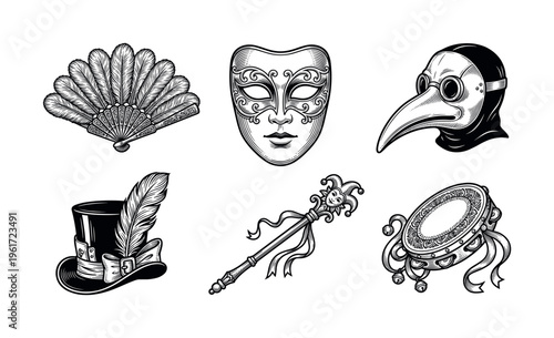 A collection of vintage carnival items in a black and white engraving style. Includes Venetian mask, plague doctor, and jester scepter. Perfect for theatrical or festive designs.