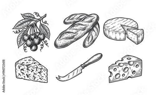 Vintage food set illustration in engraving style. Includes cheese, bread, cherries, knife. Perfect for menus, packaging, or rustic branding designs. Vector art.