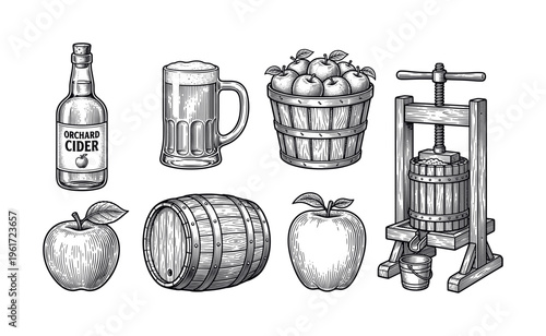 A vintage illustration set of apple cider making elements. Includes apples, press, barrel, bottle, and mug. Perfect for rustic farm or orchard branding and packaging.