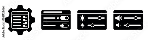 A set of black glyph icons for user interface settings. Features gear, toggle, brightness, and volume controls. Ideal for app development, web design, and UI/UX projects.