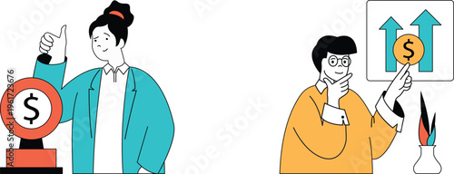 Two individuals discussing financial growth and success with visual aids representing money and upward trends