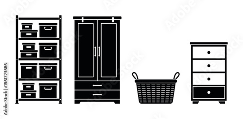 A set of black silhouette furniture icons for home organization. Includes wardrobe, shelving, basket, and drawers. Minimalist vector illustration for interior design or storage concepts.