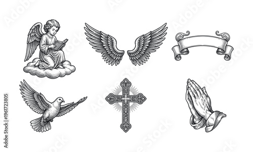 A set of religious christian symbols in a vintage engraving style. Includes an angel, wings, dove, cross, and praying hands. Perfect for spiritual or memorial designs.