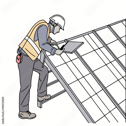 A man in safety gear working on a roof