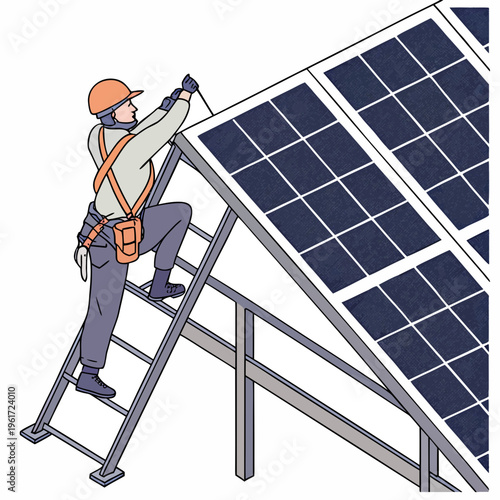 Worker installing solar panel on roof