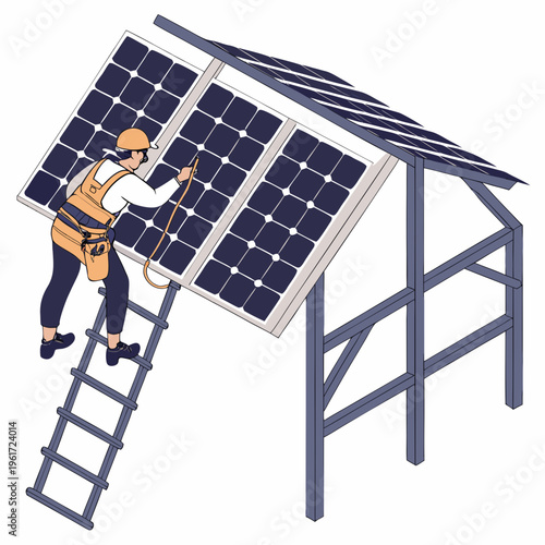 Solar panel installer working on a ladder