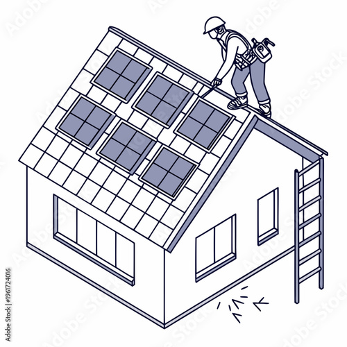 Worker installing solar panels on a house roof