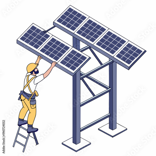 Worker installing solar panels on a metal structure