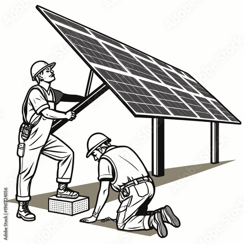 Two workers installing a large solar panel