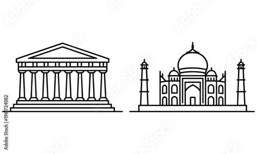Obraz na płótnie Beautiful vector graphic illustration of the parthenon and taj mahal showcasing ancient architecture and historical monuments in a minimalist design style with clean lines and simple shapes