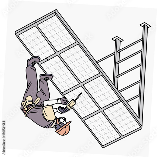 A man in a hard hat is hanging from a metal grid