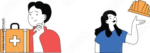 Two people discussing safety gear with thoughtful and offering expressions in casual attire