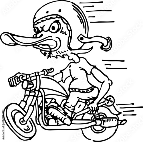 Dynamic cartoon illustration of an enraged duck character wearing a protective helmet, fiercely speeding on a classic motorcycle, depicting a rebellious and adventurous ride